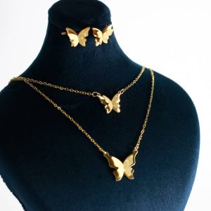 نیم ست پروانه‌ای دو لاین گوشواره و گردنبند طلایی